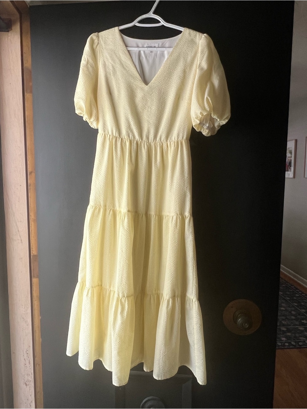 Sugarlips Pale Yellow V-Neck Tiered Midi Dress